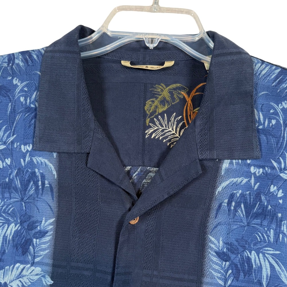 Tommy Bahama Silk Shirt Mens XL Navy Blue Tropical Panel Print Embroidered